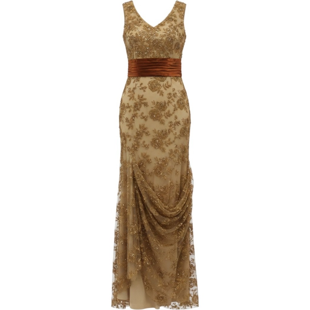 Gold Floral Lace Sequin V-Neck Gown Copper Satin‎ Sash Size 9 Formal Dress